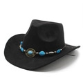 Black western cowboy hat with bohemian turquoise beads and vintage metal buckle - M(56-59CM) / Black (Suede)