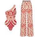 One-shoulder swimsuit and wide-leg pants set in red bohemian geometric print - Red and White Set