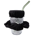 Elastic black fabric drink cover and matching scrunchie set with green straw for safety - Black