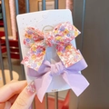Floral and purple fabric bow hair clips for girls, set of two on display card - Purple Floral & Solid Bow Set