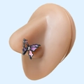Schwarzes Schmetterlings-Nasenpiercing mit lila Emaille und Zirkonia auf Silikonmodell - Schwarzer Schmetterling Lila Herz
