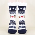Chaussettes de Noël épaisses avec motif renne bleu et doublure en polaire blanche - Taille unique / Élan Bleu