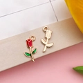 Red rose enamel metal pendant charm with green leaf for DIY jewelry necklace making - 9x18mm-0.7g / Red Enamel Rose