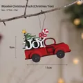 Red wooden Christmas truck ornament with tree and JOY cutout, size 13x9cm for tree decor - Wooden Christmas Car Style J (Tree)