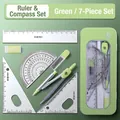 Green 7-piece geometry set with compass and rulers in a durable metal storage case - Iron Box With Window Green Set