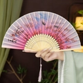 Chinese vintage folding fan with pink gradient peach blossom and silk tassel - Ten Miles of Peach Blossoms Pink