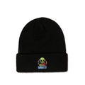Primer plano de gorro de punto negro con parches bordados de alienígena y gato rojo - Talla única / Negro