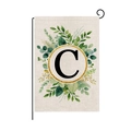 Christmas garden flag with letter C monogram and green leaf wreath on burlap texture - Letter C