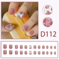 Pink press-on nails D112 with 3D bows, pearls and marble texture, 24 piece set - D112 (Glue Type)