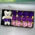 Purple rose soap flower gift box with a purple teddy bear holding I LOVE YOU sign - 12 Purple Gradient Roses + Bear