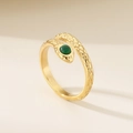 Detail of snake ring with green stone inlay and textured scales in gold finish - Green Gemstone Snake Open Style-Gold (KR111431-GC)