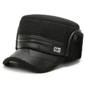 Black wool flat top winter hat for men with PU leather brim and faux fur ear flaps - Polka Dot