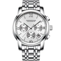 Men's silver stainless steel chronograph watch with date display and silver dial - Silver Steel Strap White Dial