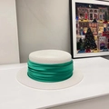 Detail of white flat top straw hat with wide green ribbon ribbon for summer vacation - White/Green Ribbon