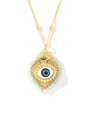 Detailed view of the 18k gold heart-shaped evil eye pendant on a golden bead chain necklace - Light Blue