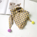 Kids plaid cotton linen triangle scarf with yellow-purple check and plush charm - Purple and Yellow Plaid