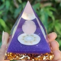 Handmade amethyst crystal pyramid featuring pink sphere and golden flower of life motif - 6cm / A22-Amethyst Pink Ball Flower of Life