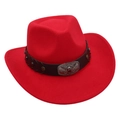 Detail of red cowboy hat featuring a black studded band and silver bull head buckle - One Size / Red