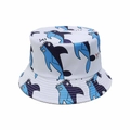 Detail of white sun hat with blue whale pattern and reinforced brim stitching - White Cartoon Shark Style (R)
