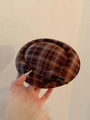 Close-up of British style checkered beret with bow detail in coffee and beige tones - Grid / Duckbill Hair Clips / Brown