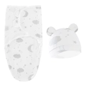 Detail of white newborn swaddle wrap and hat set with grey cloud and moon patterns - Star Moon Swaddle + Hat 2-Piece Set