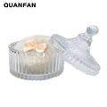 White plush powder puff with pink bow in a striped glass storage container box - 1 Beige 90*30MM (In Glass Jar)