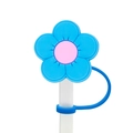 Blue and pink floral silicone straw cover with connector ring on a clear straw - 1704-66 Blue and Pink Patchwork Flower