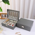 Dual-layer grey leather jewelry box with necklace hooks and ring slots storage - Gray / 23*17*9CM
