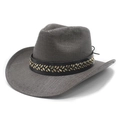 Détail d'un chapeau de cowboy en paille gris foncé avec bandeau en cuir noir et clous - M(56-58cm) / Noir et Gris