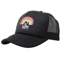 Black mesh trucker hat featuring colorful rainbow print and I'M HAPPY text design - Black