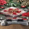 Detailed Christmas backdrop featuring red gift bows, roses, and golden pine needles decor - 300x230cm / Gift Box and Roses