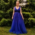 Navy blue V-neck evening gown with intricate sequins and embroidery in a slim fit style - US size 2 (S) / Blue