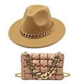 Khaki felt jazz fedora and quilted cloud bag set with decorative gold chunky chains - Camel Hat + Bag