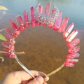 Macro shot of pink raw crystal pillars and silver hollow moon on a witch crown headband - AB Red