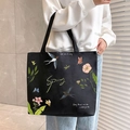Black canvas tote bag with spring nature illustration and large capacity for daily use - Spring Awakening / Black