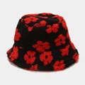 Plush black sherpa bucket hat featuring vibrant red floral pattern for winter warmth - M (56-58cm) / Black with Red Flowers