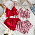 Conjunto de pijama de seda satinada para mujer con camisola de escote en V y shorts rosas - S / Rojo y Rosa