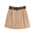 Short décontracté kaki à plat avec une ceinture tressée marron foncé et boucle en bois - XS / Bas / Kaki