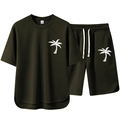Herren Sommer-Freizeitset in Olivgrün mit Kurzarm-T-Shirt und Palmen-Druck - M / Armeegrün