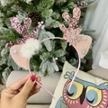 Pink Christmas reindeer antler headband with sequins and white plush pom-poms - Pink Sequins Antlers