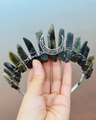 Handmade silver wire wrapped headband featuring natural labradorite stones and crescent moon - Grey Labradorite