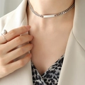 Silver cuban link choker with polished rectangular nameplate and matching bead ring - 34+5cm / Steel Color Necklace (P994)