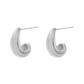 Macro detail of silver drop earrings with refined vertical ribbed texture finish - VE1185 Platinum Striped C-Shape