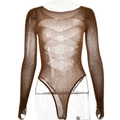 Brown long sleeve mesh bodysuit with sparkling rhinestones and wave patterns on mannequin - One Size / Coffee