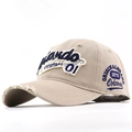Detailed close-up of vintage cotton baseball cap with Orlando 01 3D embroidery and distressed brim - Adjustable / Khaki