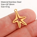 Gold hollow star-shaped stainless steel pendant 18x18mm shown on a fingertip for scale - Starfish / Gold
