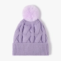 Purple cable knit beanie for women with matching fluffy pompom and thick ribbed cuff - Purple