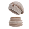 Winter knit hat and scarf set in beige and light brown mixed yarn with thick fleece lining - Mixed Khaki