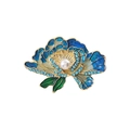 Exquisite gold brooch featuring blue enamel peony petals and a centered round pearl - Blue Flower XD824417-2