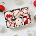 Set of 6 red and white wool felt Christmas balls with festive patterns in a gift box - White 6Pcs Set Diameter 6cm